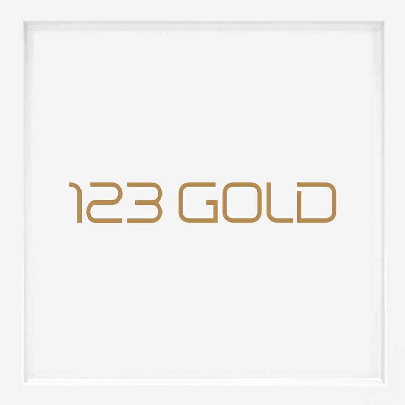 Das Bild zeigt den Text "123 GOLD" in einer modernen, goldfarbenen Schrift, zentriert auf einem schlichten weißen Hintergrund, der an die Eleganz hochwertiger Schmuckmarken erinnert.