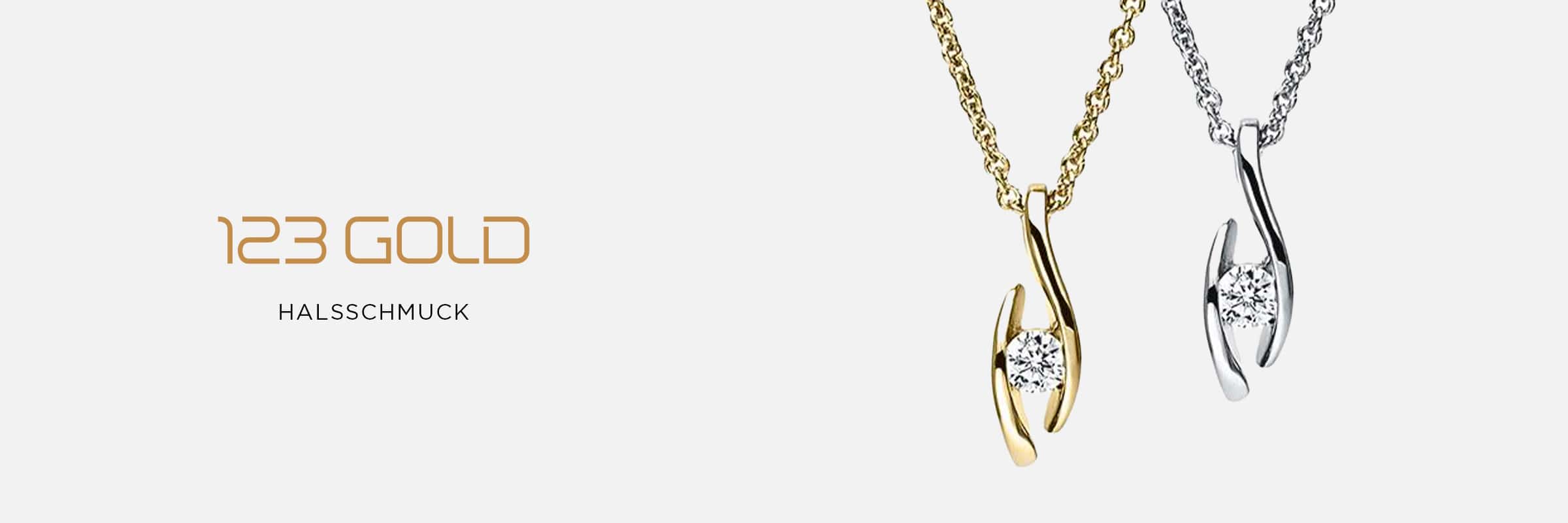 2025 © 123GOLD Zwei elegante Halsketten, eine goldene und eine silberne, mit jeweils einem geschwungenen Anhänger mit einem funkelnden runden Diamanten, sind auf weißem Hintergrund neben dem Text "123GOLD Halsschmuck" auf der linken Seite zu sehen.