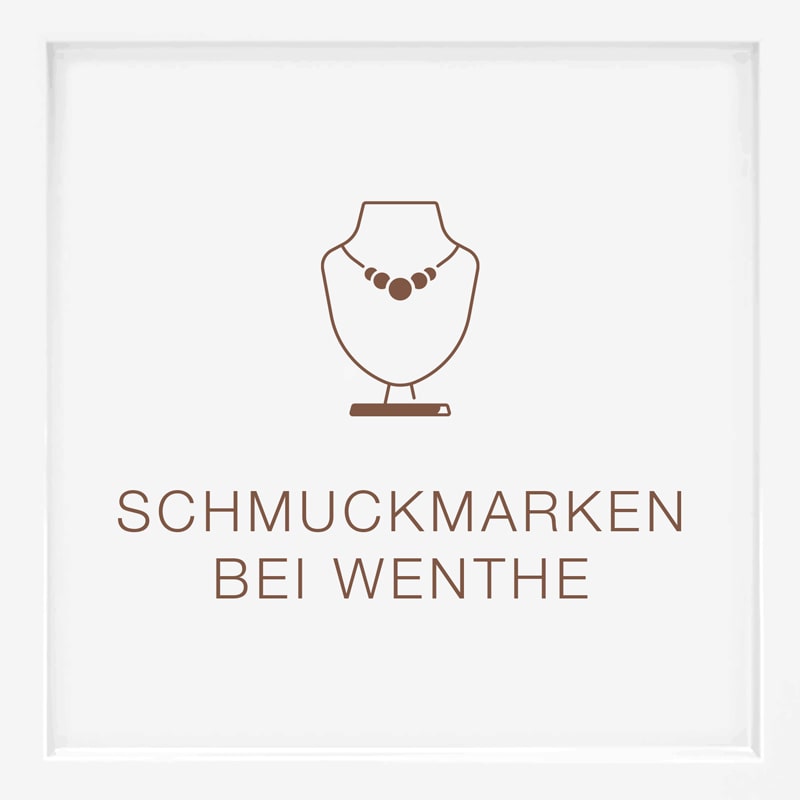 Minimalistische Illustration einer Halskette auf einem Ständer über dem deutschen Text "SCHMUCKMARKEN BEI WENTHE" auf weißem Hintergrund.