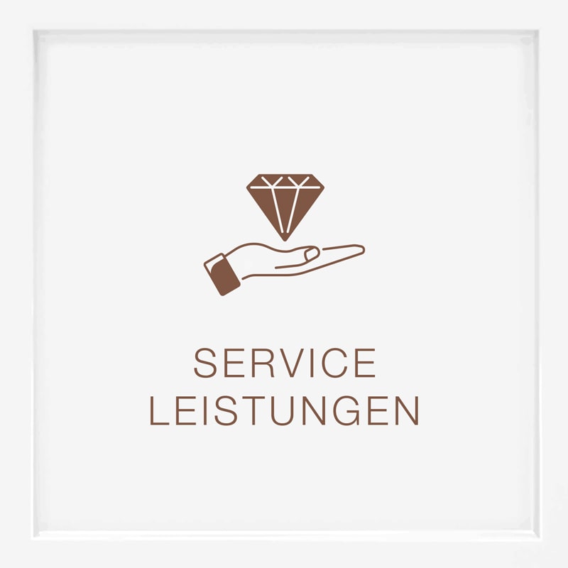 Eine braune Strichzeichnung einer Hand, die eine Raute über den Worten "SERVICE LEISTUNGEN" auf weißem Hintergrund hält.