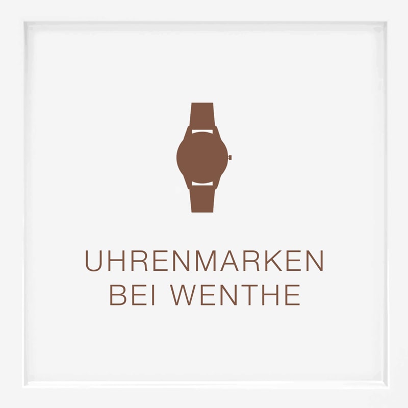 Ein braunes minimalistisches Uhrensymbol über dem deutschen Text "Uhrenmarken bei Wenthe" auf weißem Hintergrund.