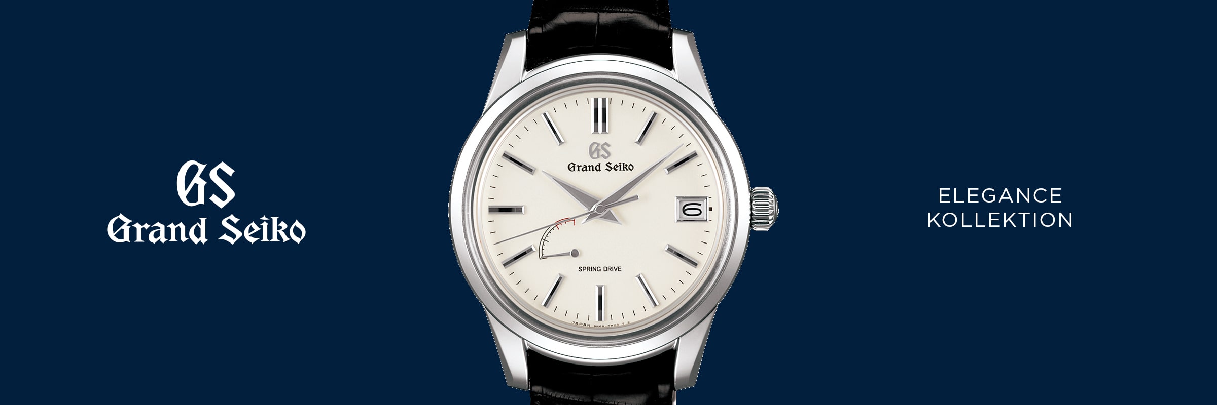 2025 © GRAND SEIKO Eine Grand Seiko Elegance Armbanduhr mit cremefarbenem Zifferblatt, silbernen Markierungen und schwarzem Lederarmband ist auf einem dunkelblauen Hintergrund zentriert. Der Text "GS Grand Seiko" und "ELEGANCE KOLLEKTION" erscheint neben der Uhr.