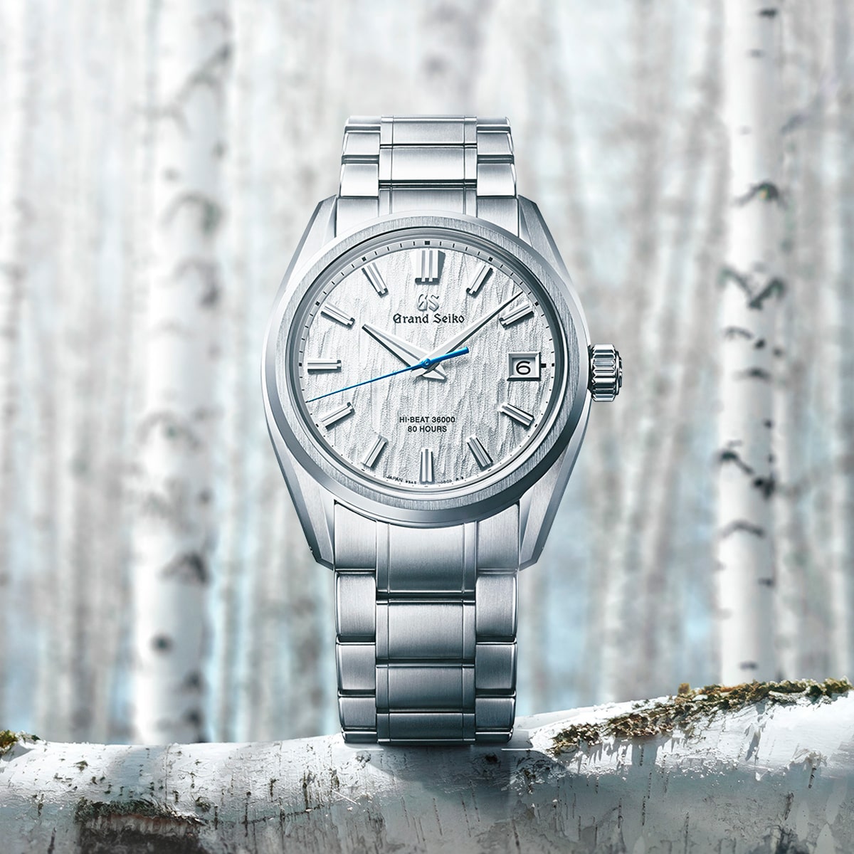 2025 © GRAND SEIKO Eine silberne Grand Seiko Evolution 9 Armbanduhr mit strukturiertem weißem Zifferblatt wird vor einem unscharfen Hintergrund aus weißen Birken gezeigt, der das elegante Design und die von der Natur inspirierte Ästhetik der Uhr unterstreicht.
