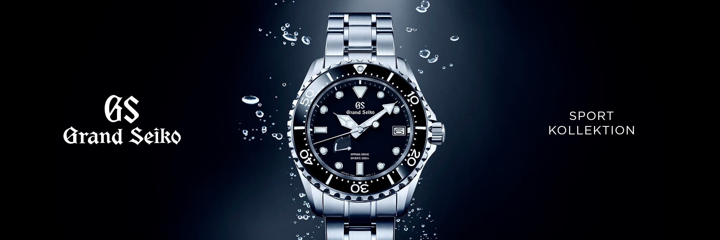 2025 © GRAND SEIKO Abgebildet ist eine Grand Seiko Sport Taucheruhr mit schwarzem Zifferblatt und Lünette, umgeben von Wassertropfen. Der Text lautet "GS Grand Seiko" auf der linken Seite und "Sport Kollektion" auf der rechten Seite, vor einem dunklen Hintergrund mit Farbverlauf.