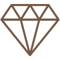 Carat Eine einfache braune Strichzeichnung eines Diamanten mit geometrischen Facetten, dargestellt als Umriss auf weißem Hintergrund.