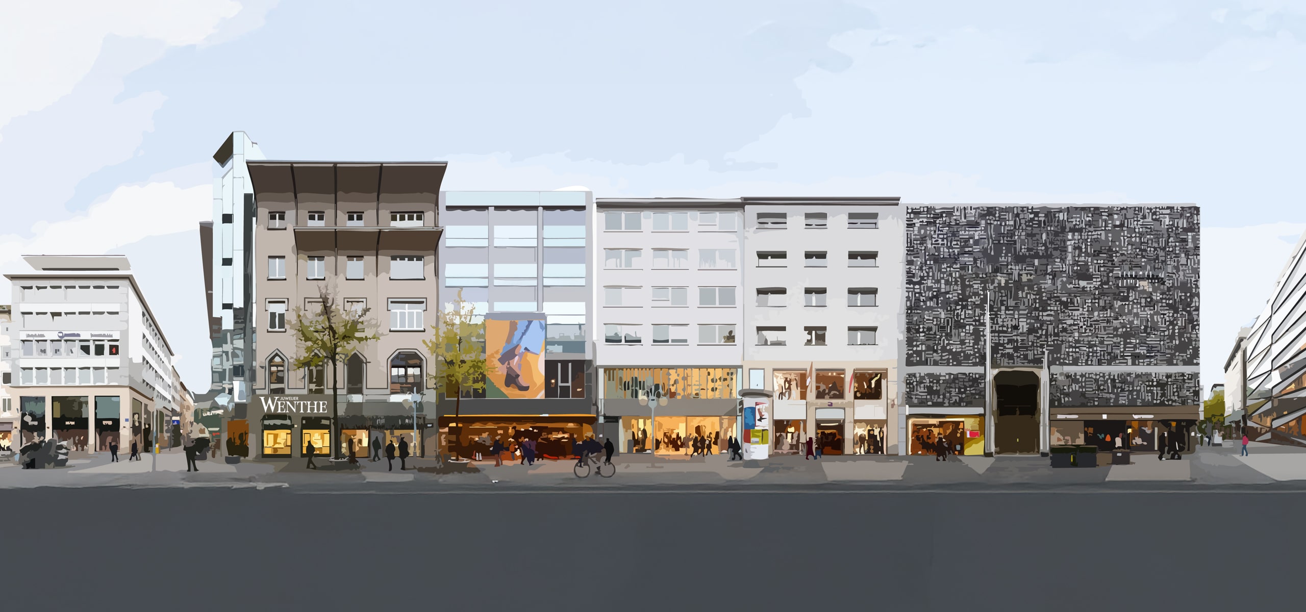 © Juwelier Wenthe Eine Reihe moderner und historischer Gebäude, darunter auch Juwelier Wenthe, bietet Geschäfte und große Schaufenster auf Straßenniveau, wo Bäume, Menschen und Radfahrer auf einem breiten Bürgersteig unter freiem Himmel vorbeiziehen.