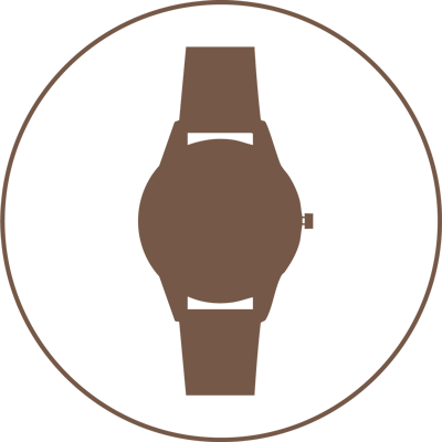 3. Persönliche Prüfung Ein einfaches braunes Symbol einer Armbanduhr, das sich perfekt für die Hervorhebung von Inzahlungsnahme-Angeboten eignet, befindet sich innerhalb eines braunen runden Rahmens auf einem transparenten Hintergrund. Das Zifferblatt und die Armbänder sind deutlich sichtbar.
