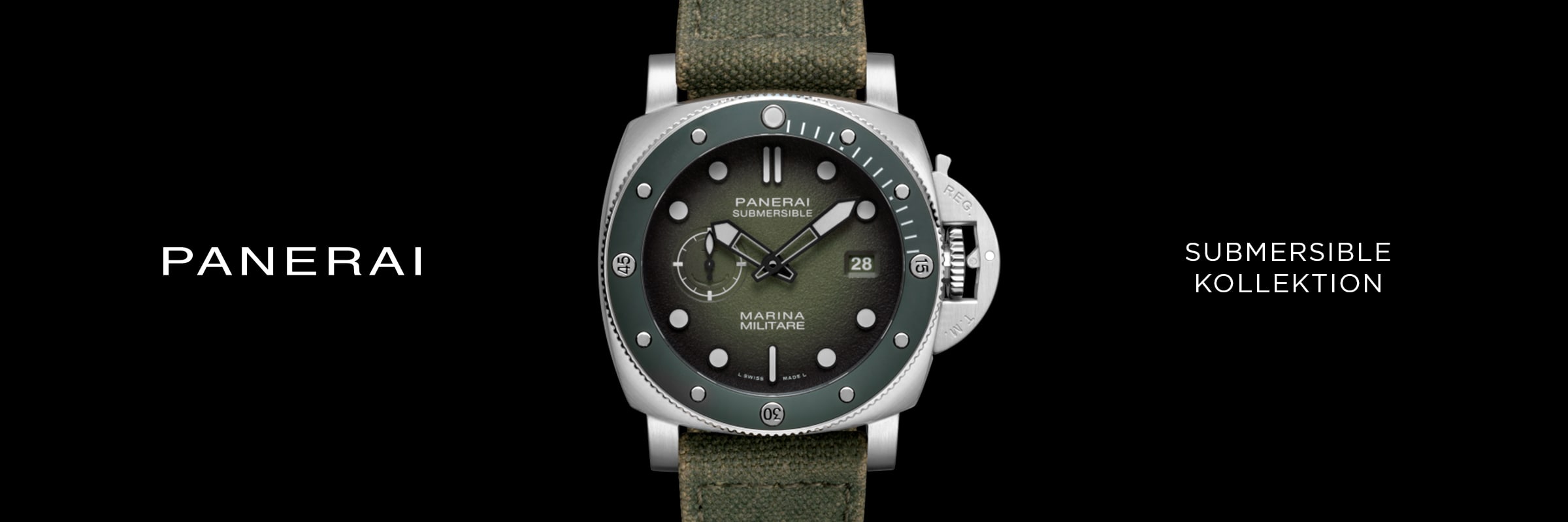 2025 © Panerai Eine Panerai Submersible Marina Militare Uhr mit grünem Zifferblatt und Armband ist auf einem schwarzen Hintergrund zentriert, flankiert von "PANERAI" auf der linken Seite und "SUBMERSIBLE KOLLEKTION" auf der rechten Seite, was den ikonischen Stil der Panerai Submersible hervorhebt.