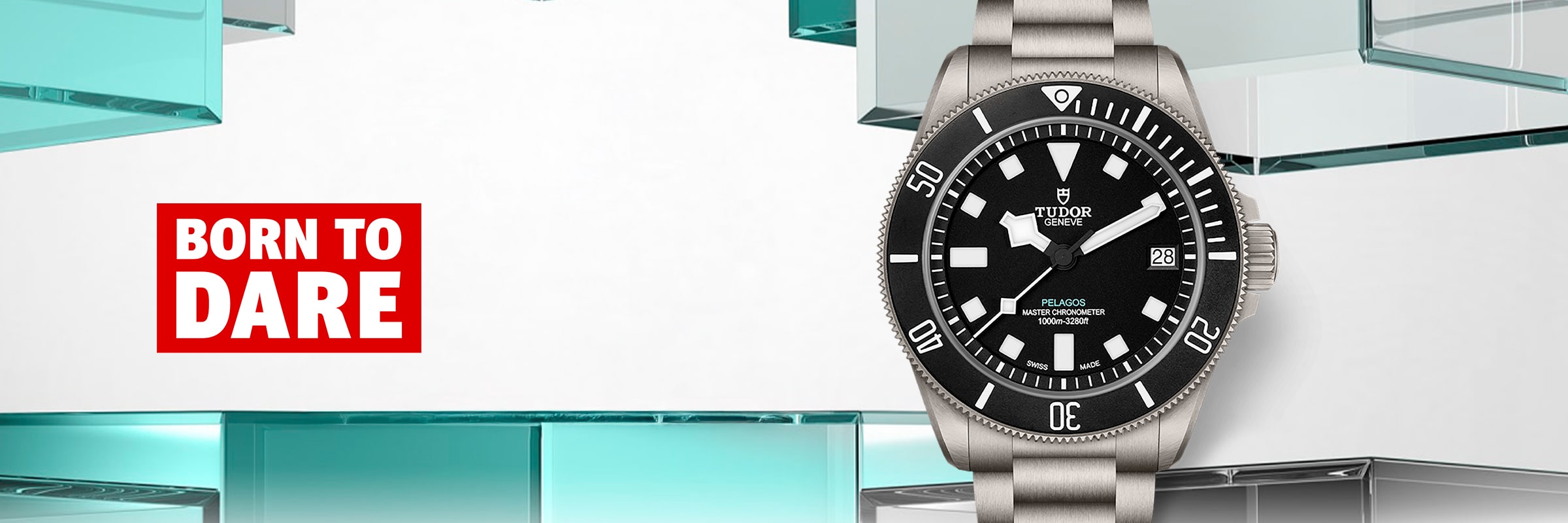 2025 © TUDOR Auf der rechten Seite ist eine silberne Pelagos-Armbanduhr mit schwarzem Ziffernblatt zu sehen, daneben der rot-weiße Slogan "Born to Dare". Der Hintergrund zeigt glasartige geometrische Formen in Aqua- und Weißtönen.