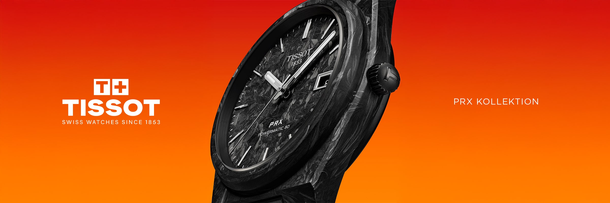 2025 © TISSOT Nahaufnahme einer Tissot PRX-Uhr mit strukturiertem schwarzem Zifferblatt und Gehäuse vor einem leuchtend orangefarbenen bis roten Hintergrund mit Farbverlauf. Das Tissot PRX-Logo und der Schriftzug "PRX Kollektion" sind deutlich sichtbar.
