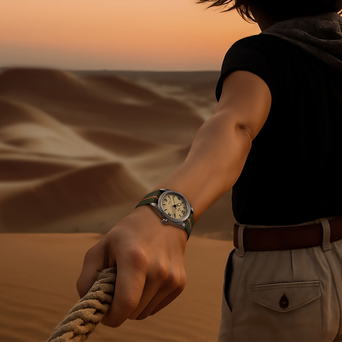 2026 © TUDOR Eine Person, die eine Tudor Ranger Armbanduhr trägt, hält ein dickes Seil, während sie bei Sonnenuntergang auf einer Sanddüne steht, wobei im Hintergrund die Wüstendünen zu sehen sind.
