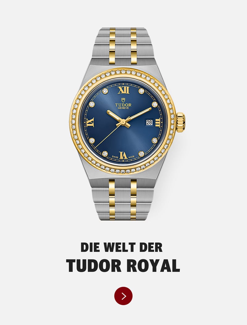 Eine luxuriöse Tudor Royal Armbanduhr mit blauem Zifferblatt, goldenen Akzenten, diamantbesetzten Indexen und einem zweifarbigen Silber- und Goldarmband wird über dem Text DIE WELT DER TUDOR ROYAL" präsentiert und steht für die zeitlose Eleganz des Tudor Designs.