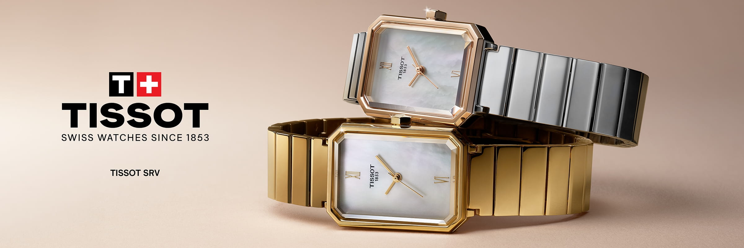 Zwei rechteckige Tissot-Classic-Uhren mit Perlmuttzifferblättern - eine goldene, eine silberne - sind auf einer beigen Fläche ausgestellt. Das Tissot-Logo und der Text "Swiss Watches Since 1853" erscheinen daneben.