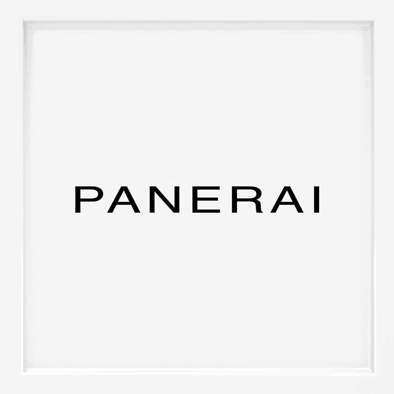 Das Bild zeigt das Wort "PANERAI", ein bekannter Name unter den Uhrenmarken, in fetten, schwarzen Großbuchstaben, zentriert auf einem schlichten weißen Hintergrund.