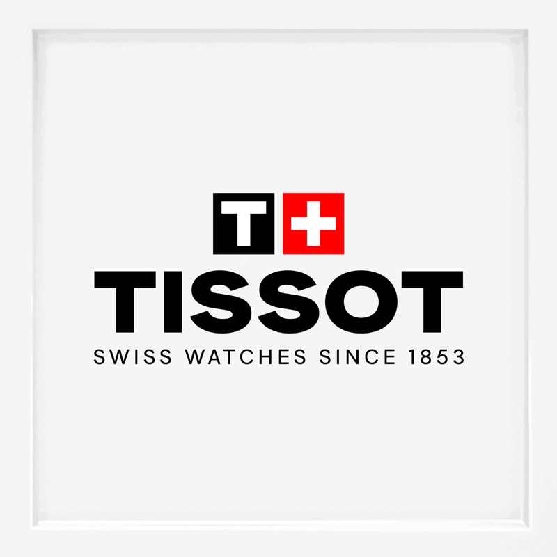 Tissot-Logo mit einem schwarzen "T" und einem weißen Kreuz auf einem roten Quadrat über dem Wort "TISSOT" in fetten schwarzen Buchstaben. Darunter steht der Text "SWISS WATCHES SINCE 1853". Eine der bekanntesten Uhrenmarken weltweit.