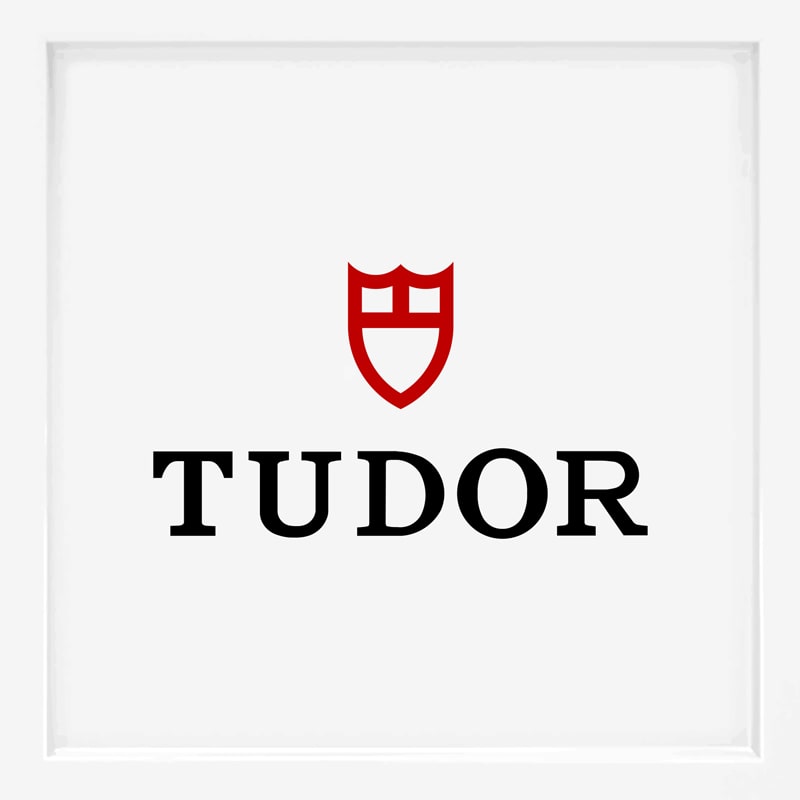 Das Bild zeigt das Tudor-Logo, einen bekannten Namen unter den Uhrenmarken, mit einem roten Schild über dem fetten schwarzen Text "TUDOR" auf weißem Hintergrund.