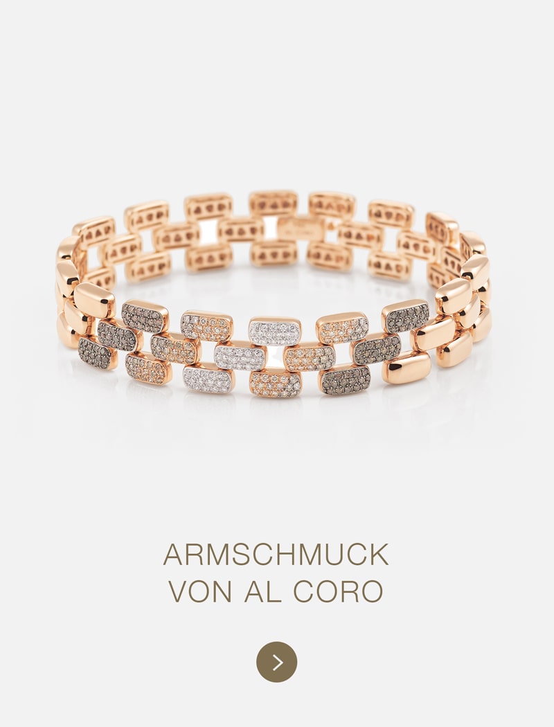 Armband aus Roségold mit rechteckigen Gliedern, die teilweise mit funkelnden Steinen verziert sind, auf hellem Hintergrund. Der Text darunter lautet: "Armschmuck von Al Coro - eleganter Schmuck von Al Coro.