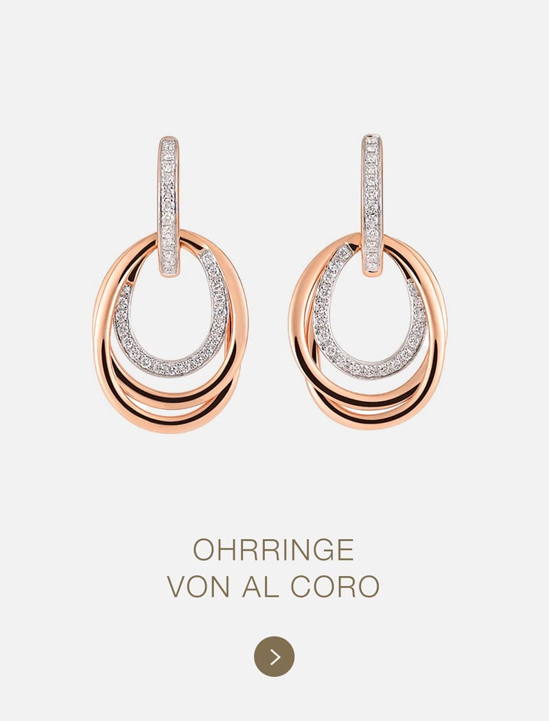Ein Paar elegante Al Coro-Ohrringe mit ineinander verschlungenen Schleifen aus Roségold und diamantbesetztem Silber auf weißem Grund mit der Aufschrift "OHRRINGE VON AL CORO" darunter.