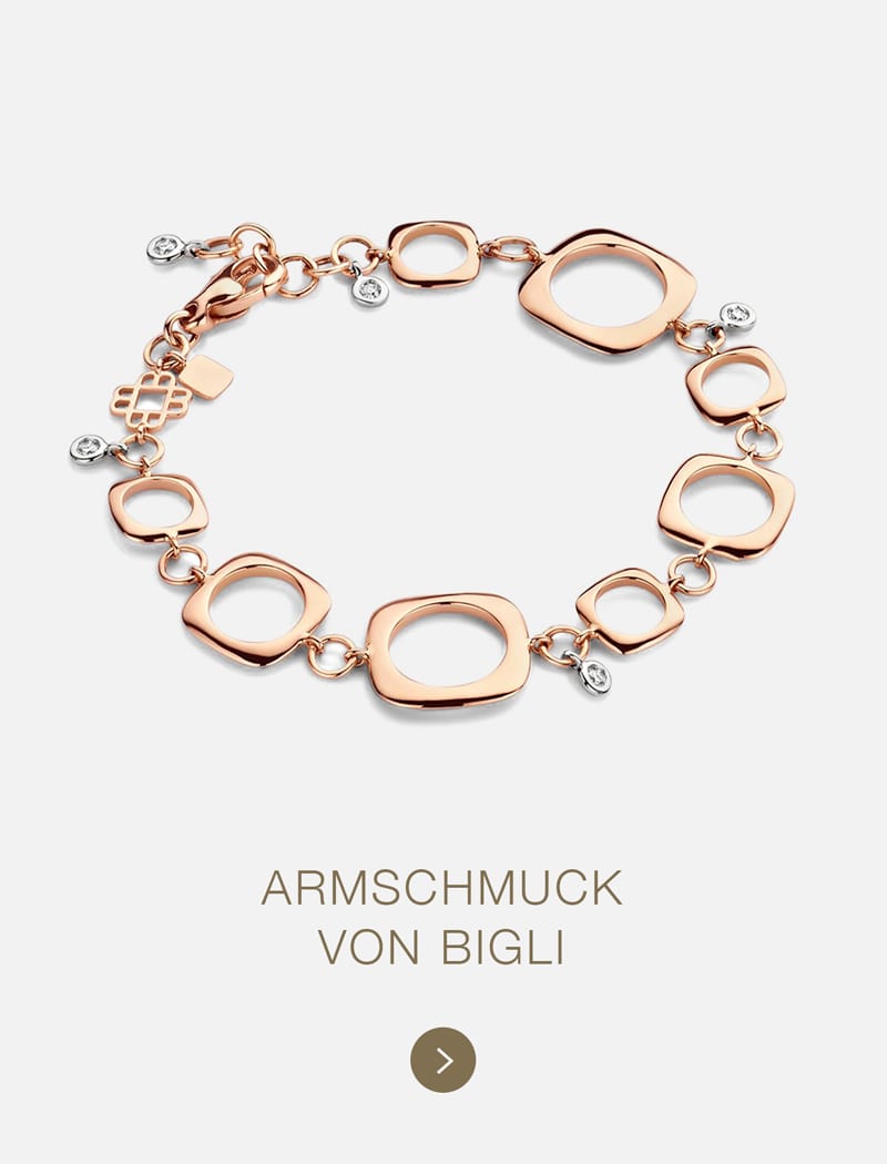 Ein Bigli-Armband aus Roségold mit geometrischen, offenen quadratischen und runden Gliedern mit funkelnden Kristallen auf hellem Hintergrund und dem Text "ARMSCHMUCK VON BIGLI" darunter.