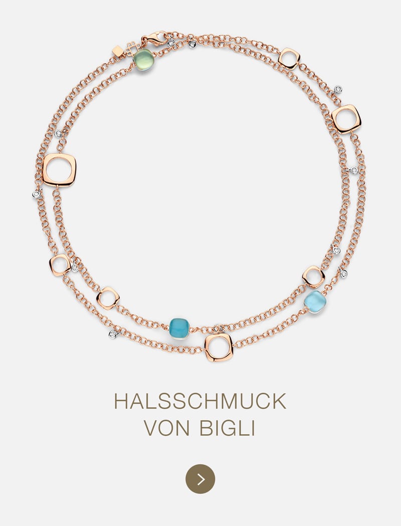 Roségoldene Halskette von Bigli mit Doppelketten und quadratischen und runden Schmucksteinen in Weiß, Türkis und Grün. Der Text darunter lautet: "Halsschmuck von Bigli" auf hellem Hintergrund.
