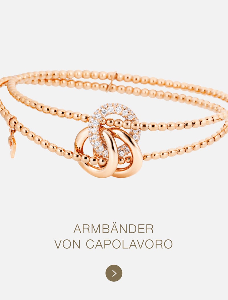 Ein zartes roségoldenes Perlenarmband von Capolavoro mit ineinander greifenden Schlaufen, eine davon mit kleinen funkelnden Steinen verziert. Der Text darunter lautet: "ARMBÄNDER VON CAPOLAVORO.