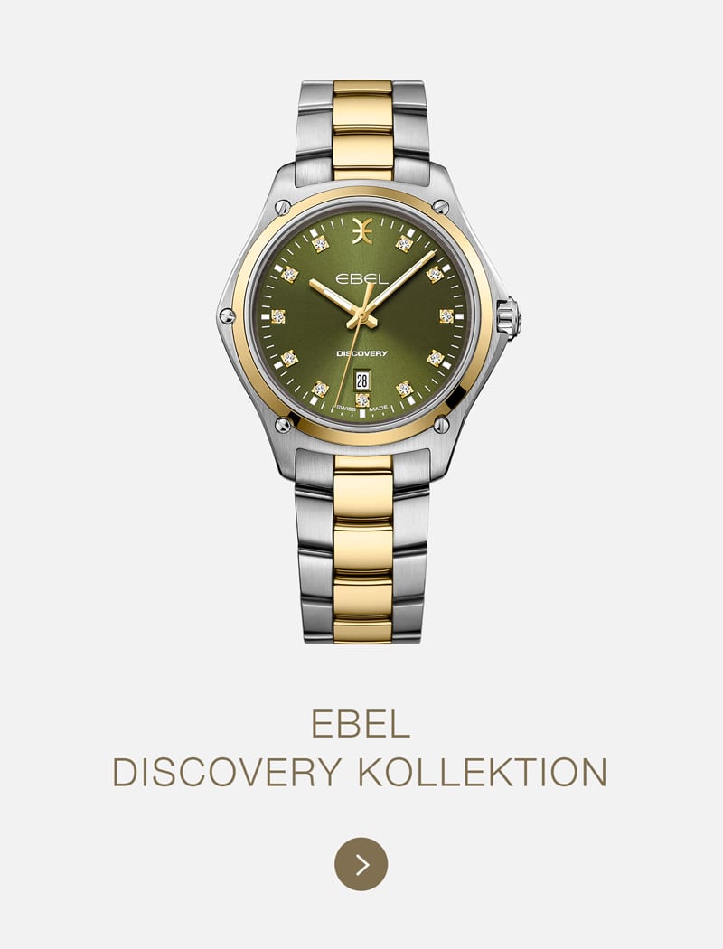 Eine silber- und goldfarbene Ebel-Armbanduhr mit grünem Zifferblatt und der Aufschrift "EBEL DISCOVERY KOLLEKTION" auf hellem Hintergrund, darunter ein Knopf.