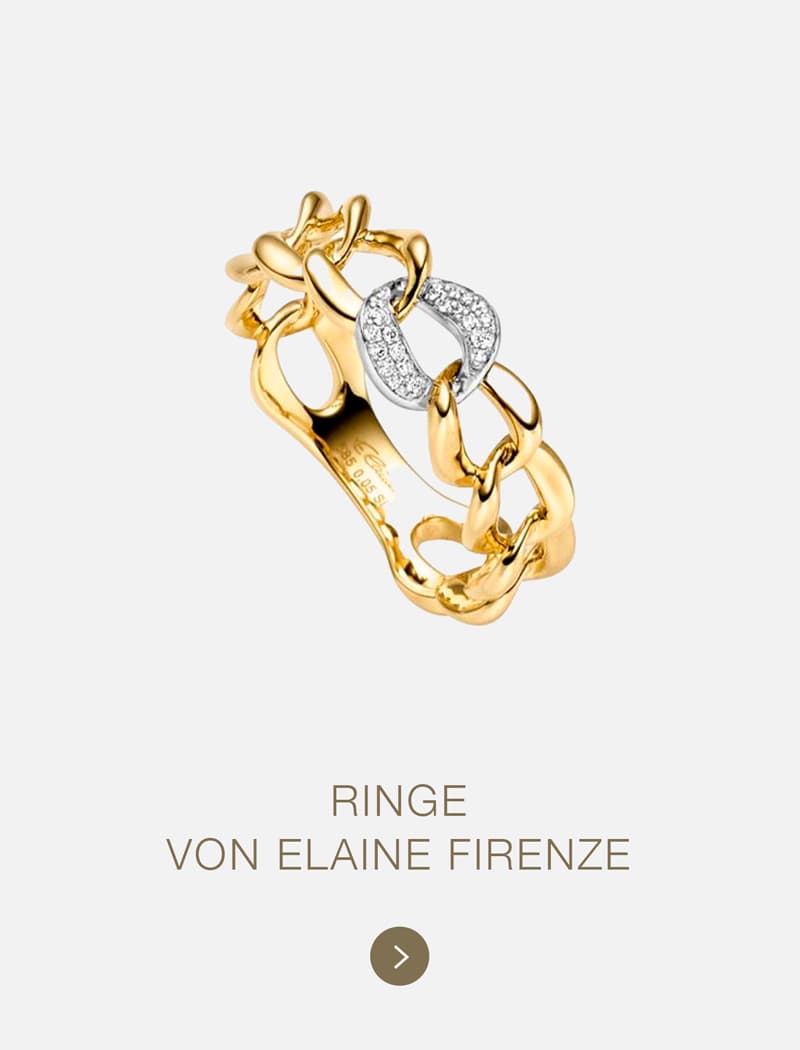 Ein goldener Gliederring mit einem zentralen, silbernen, herzförmigen Glied, das mit kleinen Diamanten besetzt ist. Unterhalb des Rings steht geschrieben: "RINGE VON ELAINE FIRENZE", was die Eleganz von Elaine Firenze widerspiegelt.