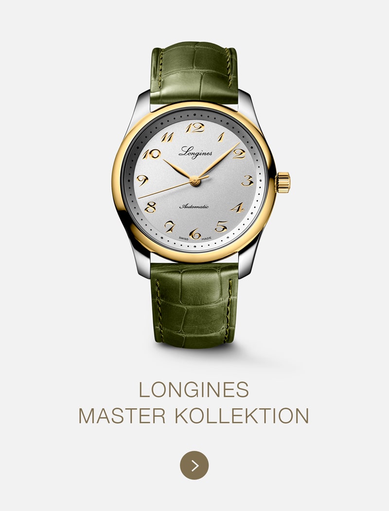 Eine Luxusuhr der LONGINES Master Collection mit goldenem und silbernem Gehäuse, weißem Zifferblatt, goldenen Ziffern und grünem Lederarmband wird über dem Text "LONGINES MASTER KOLLEKTION" auf hellem Hintergrund angezeigt.