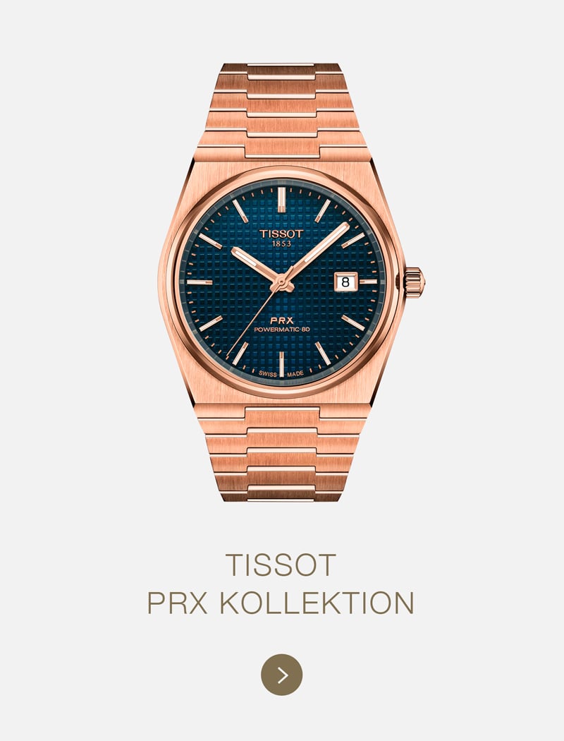 Abgebildet ist eine roségoldene Tissot-Uhr mit blauem, strukturiertem Zifferblatt und Datumsanzeige. Darunter steht der Text "TISSOT PRX KOLLEKTION" auf hellem Hintergrund, der die Eleganz des Tissot-Zeitmessers mit einem goldenen Pfeilsymbol unterstreicht.