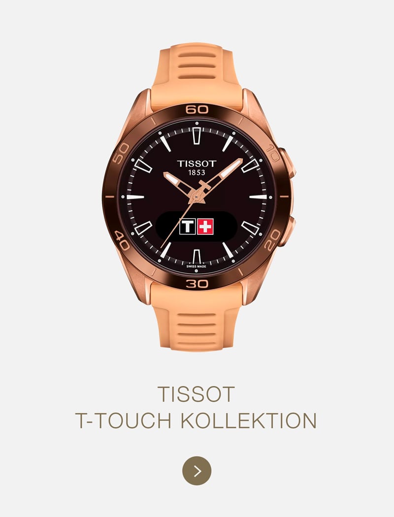 Eine goldene Tissot T-Touch Smartwatch mit schwarzem, rundem Zifferblatt, auf dem das Tissot-Logo und das Datum abgebildet sind, steht vor einem hellen Hintergrund mit dem Text "TISSOT T-TOUCH KOLLEKTION" darunter.