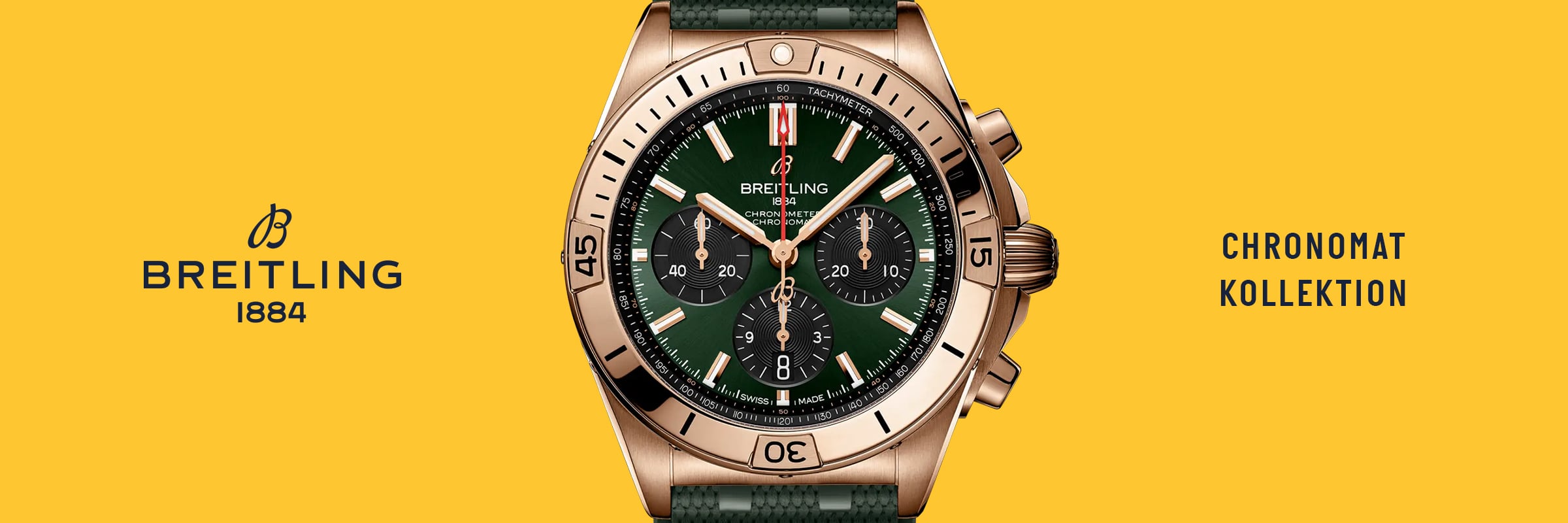 Eine Breitling Chronomat Uhr mit grünem Zifferblatt und goldenem Gehäuse ist auf gelbem Hintergrund zentriert. Das ikonische Breitling Chronomat-Logo und "1884" erscheinen auf der linken Seite, während "CHRONOMAT KOLLEKTION" auf der rechten Seite zu sehen ist.
