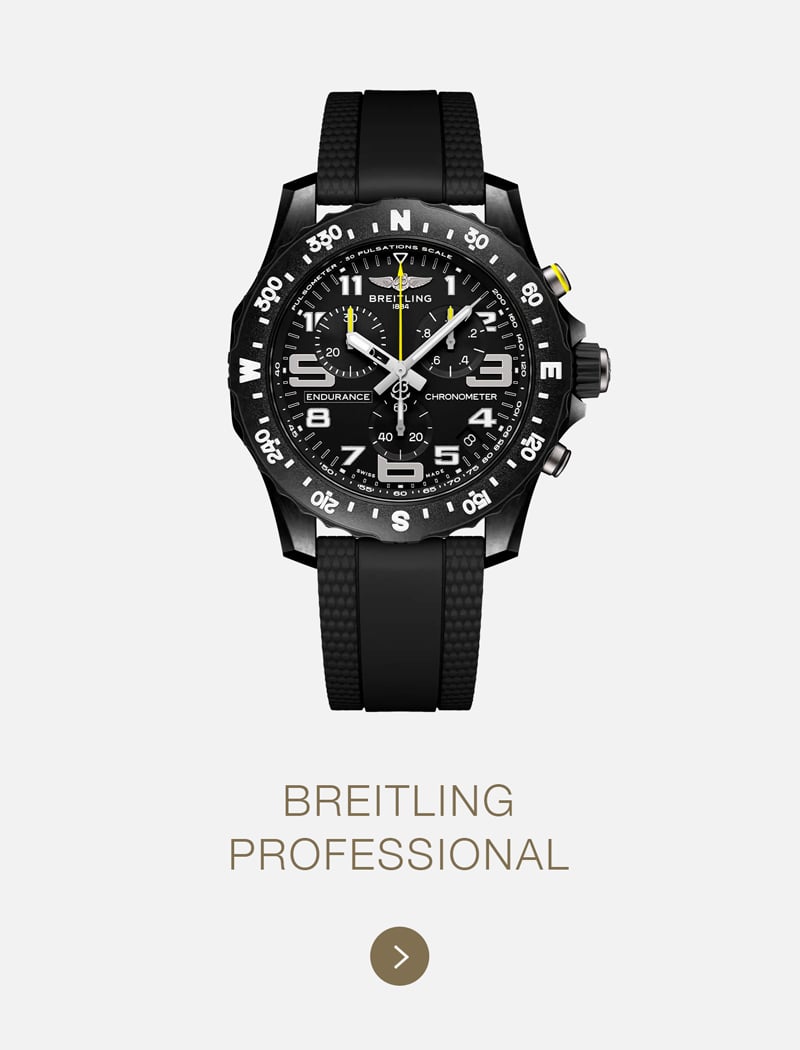 Eine schwarze Breitling Professional Armbanduhr mit strukturiertem schwarzem Armband, fetten weißen Ziffern und Kompassmarkierungen auf der Lünette wird vor einem hellen Hintergrund mit dem ikonischen Text "BREITLING PROFESSIONAL" darunter dargestellt.