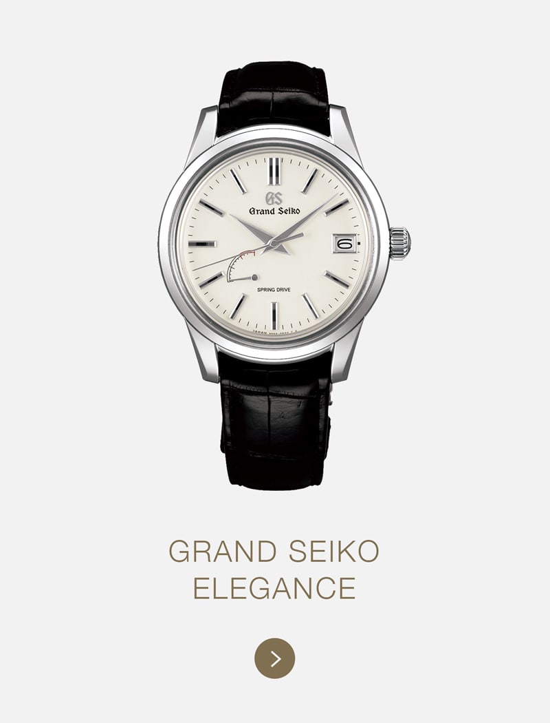 Eine Grand-Seiko-Armbanduhr aus der Elegance-Kollektion mit cremefarbenem Zifferblatt, silbernen Zeigern, Datumsfenster bei 3 Uhr und schwarzem Lederarmband. Darunter steht "Grand Seiko Elegance" neben einem goldenen Pfeilsymbol.