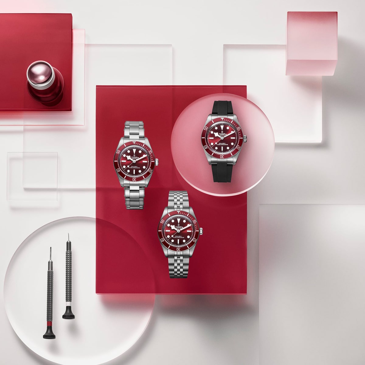 2025 © TUDOR Drei Luxusarmbanduhren, darunter die Black Bay 58 mit rotem Zifferblatt, werden auf roten und klaren Acrylflächen neben zwei kleinen Präzisionsschraubendrehern vor einem hellen Hintergrund mit geometrischen Formen präsentiert.