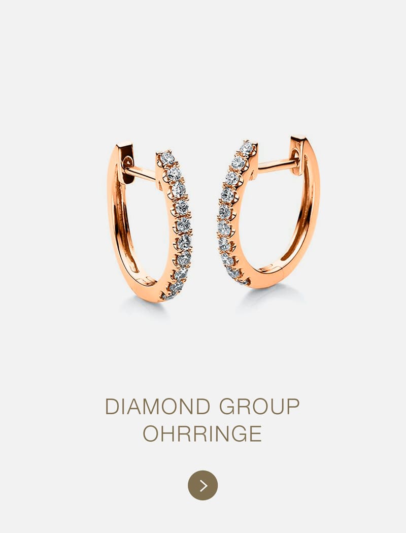 Ein Paar Ohrringe aus Roségold, verziert mit kleinen Diamanten auf der Vorderseite, auf weißem Hintergrund mit dem Text "DiamondGroup OHRRINGE" darunter.