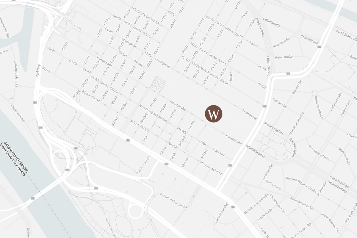 Eine Graustufenkarte des Stadtzentrums mit beschrifteten Straßen und einem braunen Kreis mit der Aufschrift "W", der den Standort von Juwelier Wenthe an einer Hauptstraße in der Nähe eines Flusses und mehrerer Parks markiert.