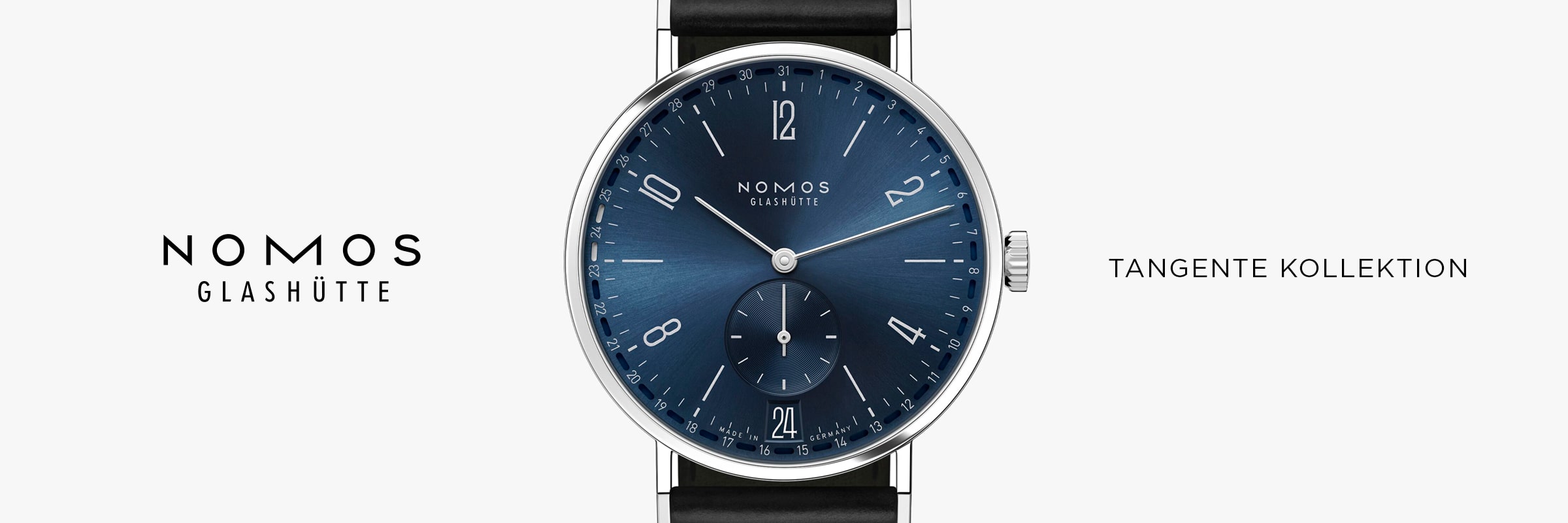 In der Mitte ist eine NOMOS Glashütte Tangente mit blauem Zifferblatt, silbernen Zeigern und schwarzem Lederarmband zu sehen, links daneben steht NOMOS GLASHÜTTE", rechts TANGENTE KOLLEKTION".
