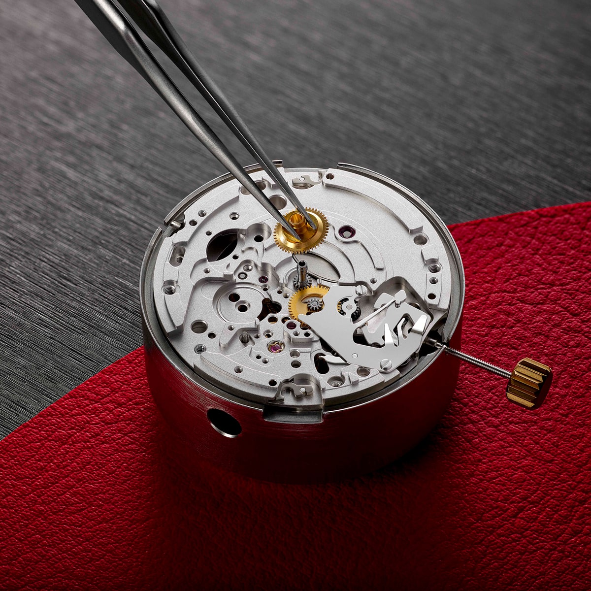 Nahaufnahme eines Tudor-Uhrwerks beim Zusammenbau mit einer Pinzette, die ein kleines goldenes Zahnrad auf den komplizierten Mechanismus setzt, der auf einer rot strukturierten Oberfläche ruht.