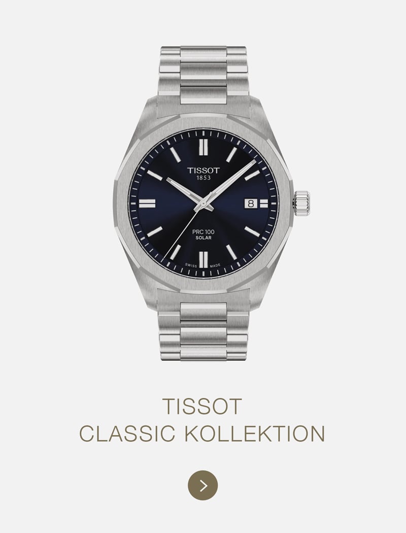 Eine silberne Tissot-Armbanduhr mit dunkelblauem Zifferblatt, Metallband und Datumsanzeige ist über dem Text "TISSOT CLASSIC KOLLEKTION" auf hellem Hintergrund abgebildet und zeigt den typischen Stil und die Eleganz von Tissot.