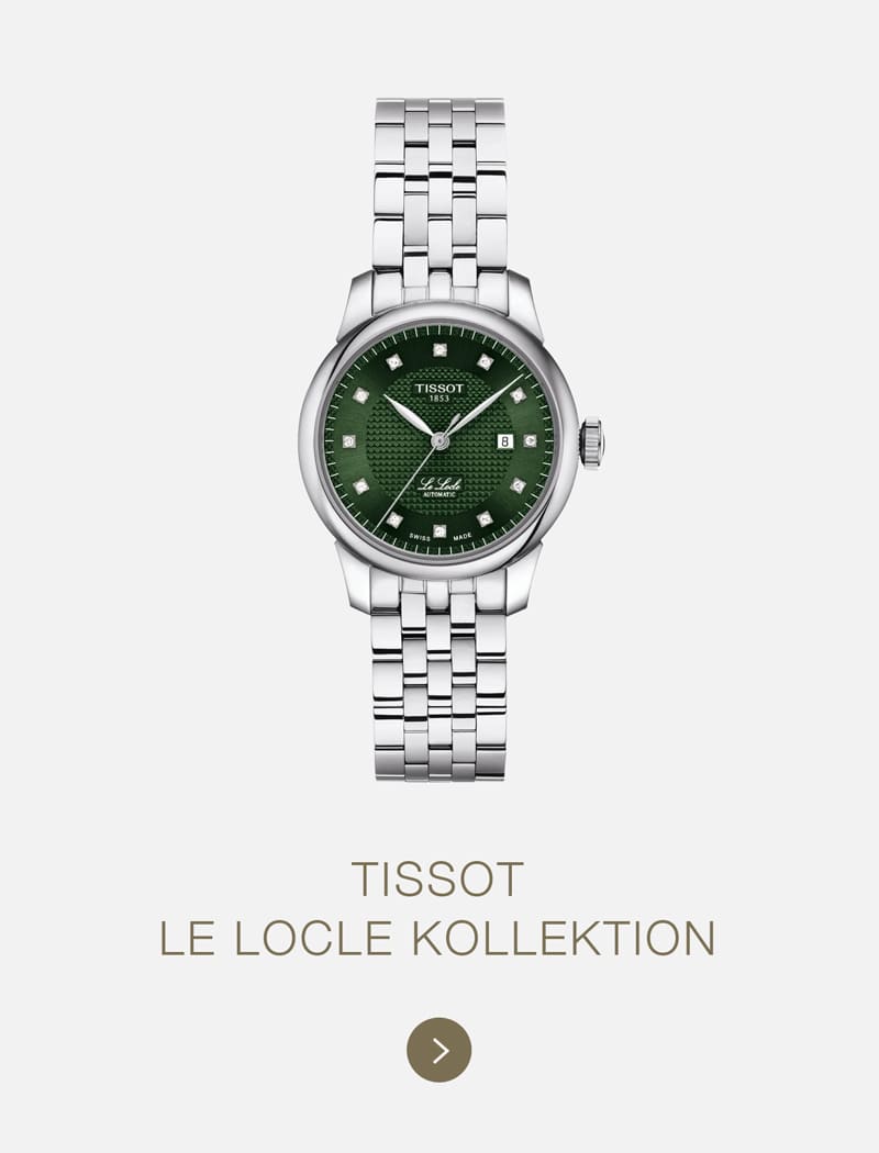 Eine silberne Tissot-Armbanduhr mit grünem, strukturiertem Zifferblatt und Datumsanzeige, dargestellt auf weißem Hintergrund mit dem Text "Tissot Le Locle Kollektion" darunter.