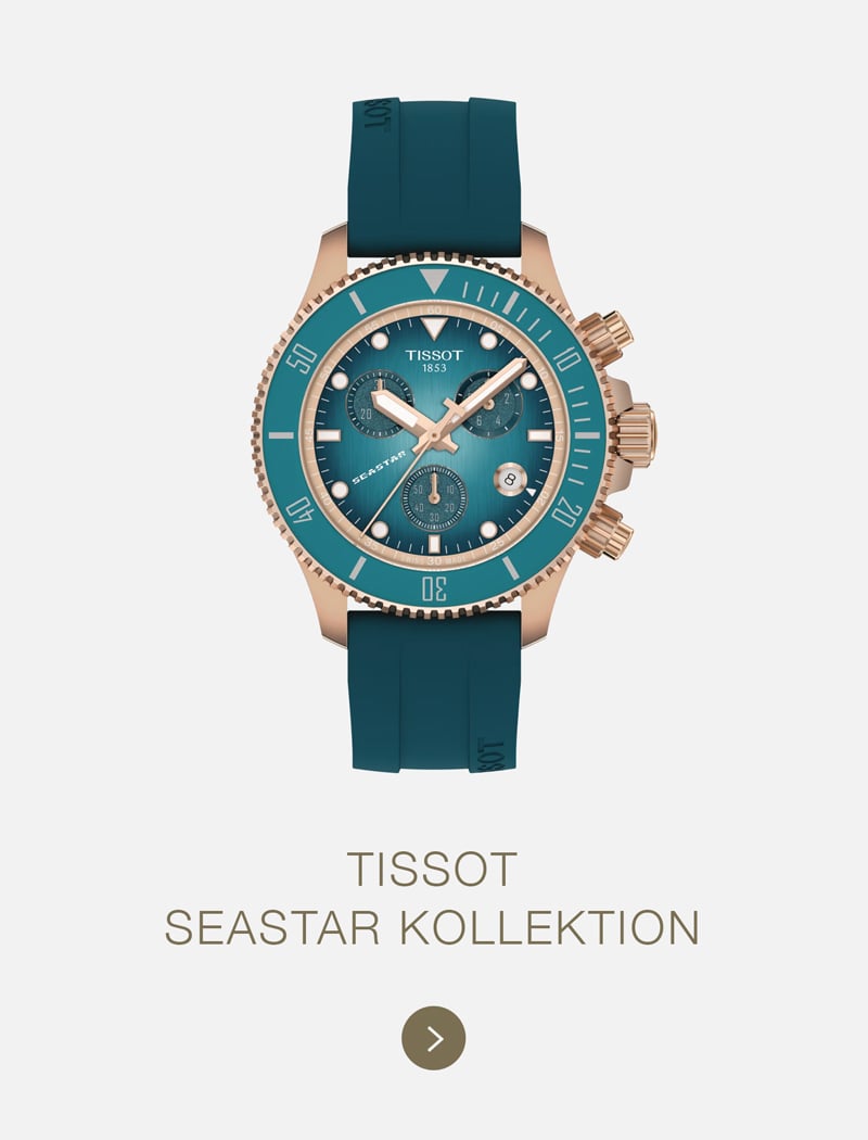 Eine Tissot Seastar Uhr mit einem blaugrünen Kautschukarmband, einem roségoldenen Gehäuse und einem blaugrünen Zifferblatt mit drei Hilfszifferblättern. Der Text darunter lautet "TISSOT SEASTAR KOLLEKTION" mit einem Pfeilsymbol darunter.