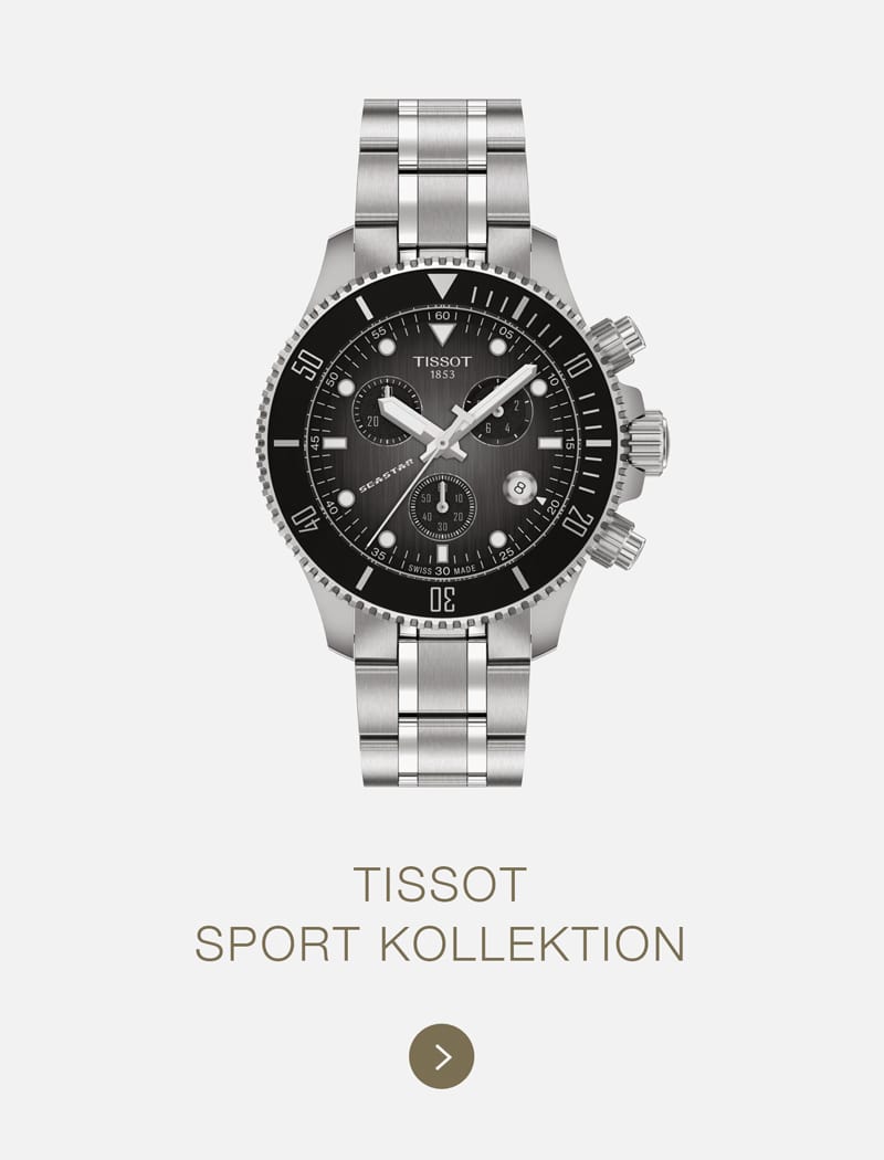Eine silberne Tissot-Sportuhr mit schwarzem Zifferblatt und drei Hilfszifferblättern ist über dem Text "TISSOT SPORT KOLLEKTION" auf hellem Hintergrund abgebildet und unterstreicht den charakteristischen Stil von Tissot.