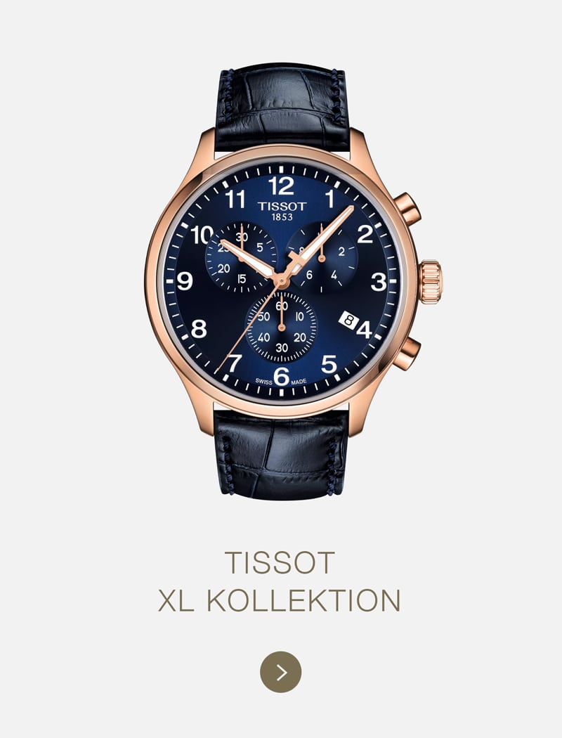 Eine Tissot-Chronographen-Armbanduhr mit blauem Zifferblatt, goldenem Gehäuse und schwarzem Lederarmband wird über dem Text "TISSOT XL KOLLEKTION" auf einem hellen Hintergrund angezeigt.