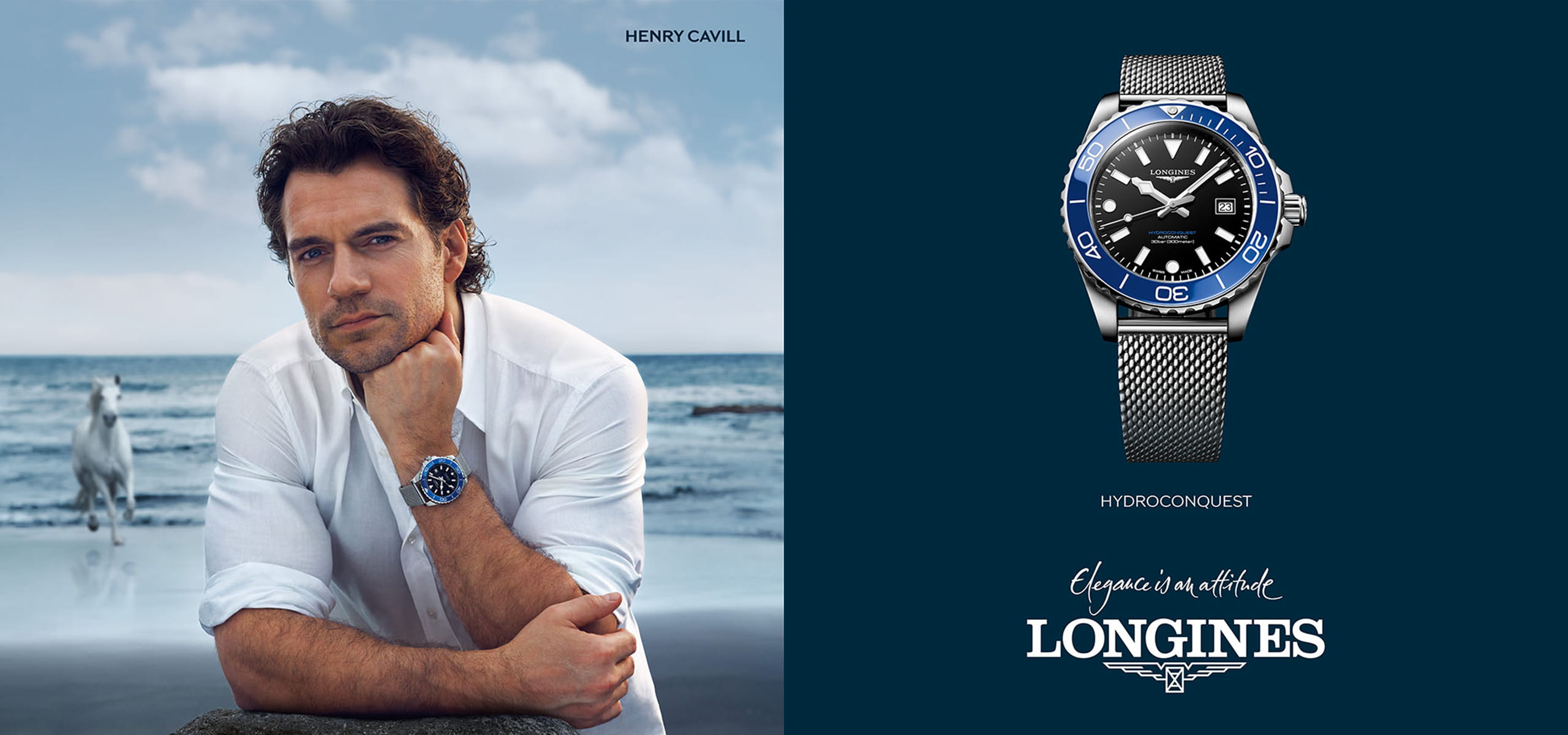 Ein Mann mit einer Uhr mit blauem Gesicht sitzt am Ufer, im Hintergrund ein weißes Pferd. Neben ihm ist eine Nahaufnahme der gleichen Uhr mit der Aufschrift "HydroConquest" zu sehen. Auf dem Logo ist zu lesen: "Eleganz ist eine Haltung, Longines.".