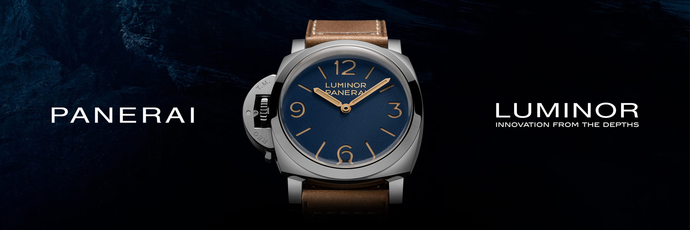 In der Mitte ist eine Panerai Luminor Armbanduhr aus der Panerai Luminor Kollektion mit blauem Zifferblatt, goldenen Zeigern und braunem Lederarmband abgebildet. Die Worte "PANERAI" und "LUMINOR INNOVATION FROM THE DEPTHS" erscheinen auf einem dunklen Hintergrund.