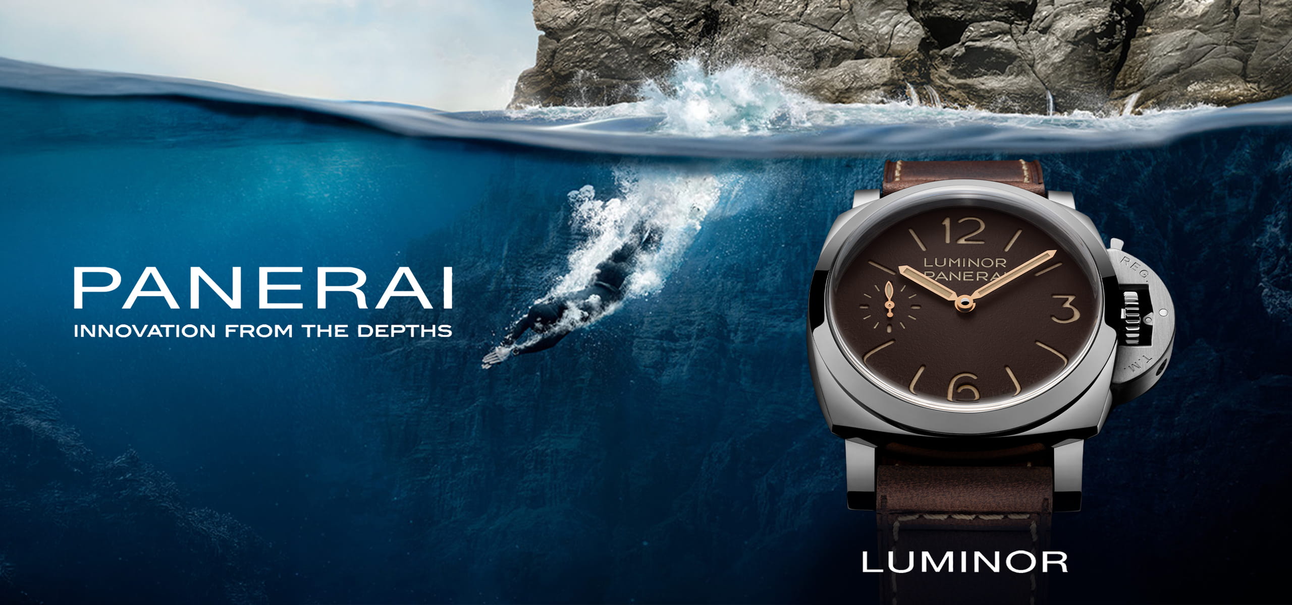 Ein Taucher stürzt sich in tiefblaues Wasser neben einer felsigen Klippe. Der Text lautet "Panerai - Innovation aus der Tiefe". Im Vordergrund ist in Nahaufnahme eine Panerai Luminor Armbanduhr mit Lederarmband zu sehen, die Panerais beständige Handwerkskunst unterstreicht.